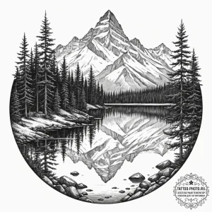 A serene, mirror-like lake in the canadian ro... - эскиз тату (№1755552987_0, 18.08.2025 21:36) — tattoo-photo.ru