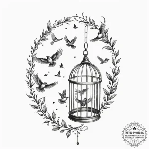 Open birdcage with birds flying out, tattoo s... - эскиз тату (№1755554975_0, 18.08.2025 22:09) — tattoo-photo.ru