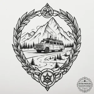 Tattoo design a stylized military vehicle tra... - эскиз тату (№1755556576_0, 18.08.2025 22:36) — tattoo-photo.ru