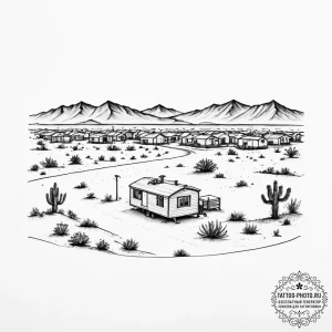 A shot of a mobile home park in the desert. - эскиз тату (№1755558173_0, 18.08.2025 23:02) — tattoo-photo.ru