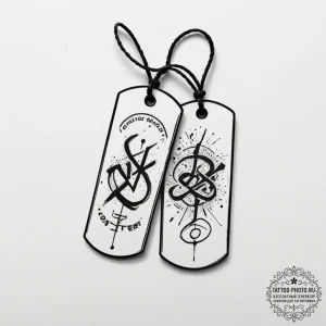 Tattoo sketch a pair of dog tags with a signi... - эскиз тату (№1755559374_0, 18.08.2025 23:22) — tattoo-photo.ru