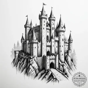Medieval castle siege - эскиз тату (№1755561563_0, 18.08.2025 23:59) — tattoo-photo.ru