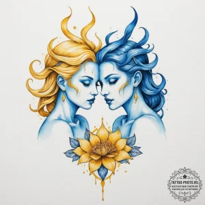 Tattoo sketch gemini twins, one a cool blue,... - эскиз тату (№1755570560_0, 19.08.2025 02:29) — tattoo-photo.ru