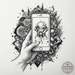 Tattoo design a retro gaming character holdin... - эскиз тату (№1755582473_0, 19.08.2025 05:47) — tattoo-photo.ru