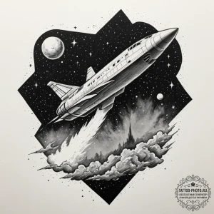 Tattoo sketch a stylized spaceship soaring th... - эскиз тату (№1755589391_0, 19.08.2025 07:43) — tattoo-photo.ru