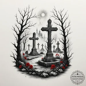 A graveyard scene with fog, tattoo line art,... - эскиз тату (№1755589988_0, 19.08.2025 07:53) — tattoo-photo.ru