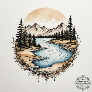 Tattoo design a landscape with a river flowin... - эскиз тату (№1755596925_0, 19.08.2025 09:48) — tattoo-photo.ru