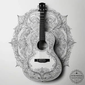 A close-up of the intricate fretwork on an ac... - эскиз тату (№1755609822_0, 19.08.2025 13:23) — tattoo-photo.ru