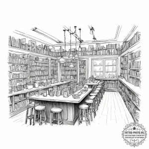 A shot of a crowded bookstore cafe. - эскиз тату (№1755610430_0, 19.08.2025 13:33) — tattoo-photo.ru