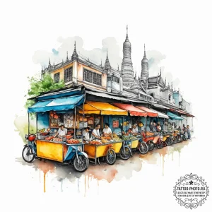 A bustling, chaotic street market in bangkok,... - эскиз тату (№1755610649_0, 19.08.2025 13:37) — tattoo-photo.ru