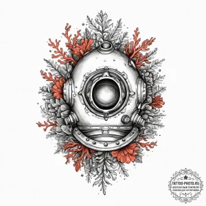 An old diving helmet overgrown with coral, ta... - эскиз тату (№1755610861_0, 19.08.2025 13:41) — tattoo-photo.ru