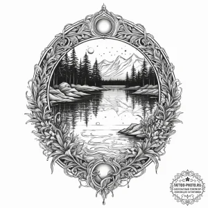 Tattoo design a calm lake with a fantasy crea... - эскиз тату (№1755611484_0, 19.08.2025 13:51) — tattoo-photo.ru