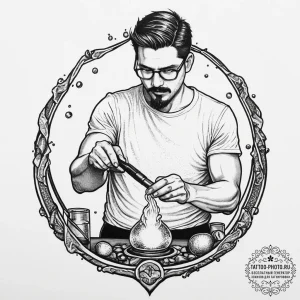 A glassblower shaping molten glass., ink illu... - эскиз тату (№1755620026_0, 19.08.2025 16:13) — tattoo-photo.ru