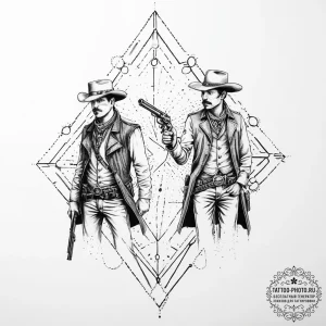 Wild west gunslinger duel, tattoo drawing out... - эскиз тату (№1755623557_0, 19.08.2025 17:12) — tattoo-photo.ru