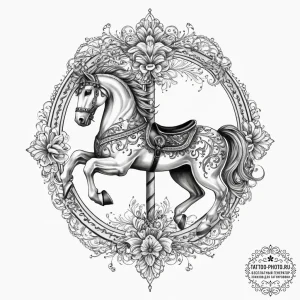 Carousel horse, tattoo drawing outline, rough... - эскиз тату (№1755627912_0, 19.08.2025 18:25) — tattoo-photo.ru