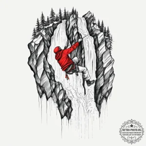 A person ice climbing up a frozen waterfall.,... - эскиз тату (№1755629583_0, 19.08.2025 18:53) — tattoo-photo.ru