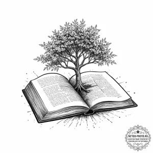A tree growing out of an open book, tattoo sk... - эскиз тату (№1755634975_0, 19.08.2025 20:22) — tattoo-photo.ru