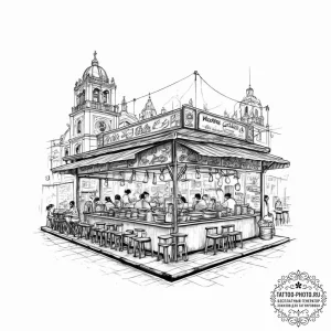 A street food market in mexico city at night.... - эскиз тату (№1755636240_0, 19.08.2025 20:44) — tattoo-photo.ru
