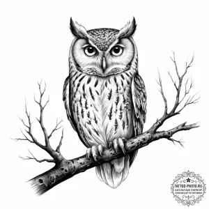 A wise-looking owl perched on a branch in a d... - эскиз тату (№1755636860_0, 19.08.2025 20:54) — tattoo-photo.ru