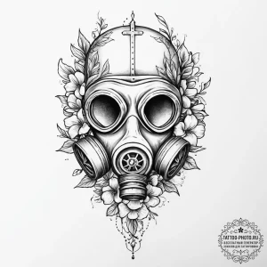 Gas mask with flowers growing from it, tattoo... - эскиз тату (№1755638106_0, 19.08.2025 21:15) — tattoo-photo.ru