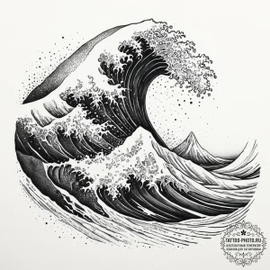 A powerful wave crashing against black volcan... - эскиз тату (№1755640386_0, 19.08.2025 21:53) — tattoo-photo.ru