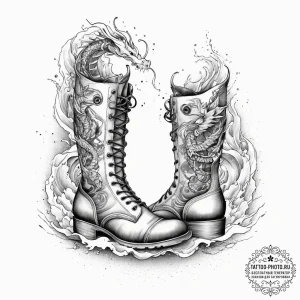 Tattoo design a pair of combat boots, scuffed... - эскиз тату (№1755640804_0, 19.08.2025 22:00) — tattoo-photo.ru