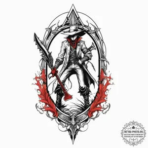 A hunter from bloodborne with saw cleaver, ta... - эскиз тату (№1755642438_0, 19.08.2025 22:27) — tattoo-photo.ru
