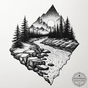 Tattoo design a flowing river carving its way... - эскиз тату (№1755643061_0, 19.08.2025 22:37) — tattoo-photo.ru