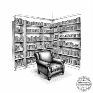 A quiet corner of a used bookstore, with over... - эскиз тату (№1755644942_0, 19.08.2025 23:09) — tattoo-photo.ru