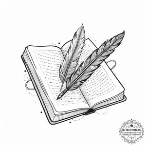 Tattoo sketch a quill pen on one, an open boo... - эскиз тату (№1755645967_0, 19.08.2025 23:26) — tattoo-photo.ru