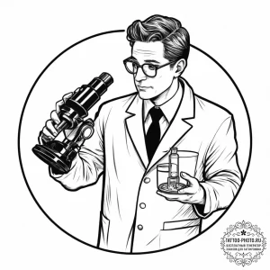 A scientist in a lab coat, looking at a petri... - эскиз тату (№1755664363_0, 20.08.2025 04:32) — tattoo-photo.ru