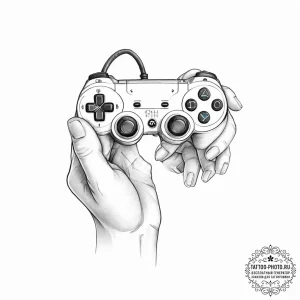Tattoo sketch a cybernetic hand holding a gam... - эскиз тату (№1755665348_0, 20.08.2025 04:49) — tattoo-photo.ru