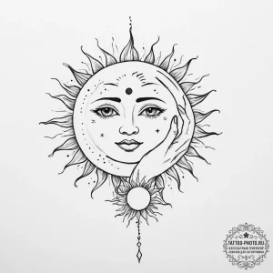 Tattoo design a hand-drawn sun and moon on op... - эскиз тату (№1755668719_0, 20.08.2025 05:45) — tattoo-photo.ru