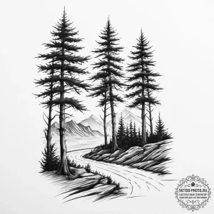 A shot of a line of wind-swept cypress trees... - эскиз тату (№1755702750_0, 20.08.2025 15:12) — tattoo-photo.ru