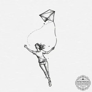 A person flying a kite on a windy day., artis... - эскиз тату (№1755704186_0, 20.08.2025 15:36) — tattoo-photo.ru