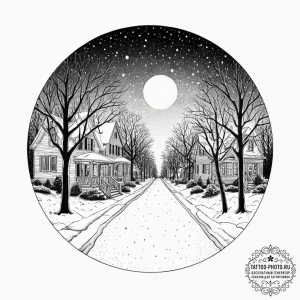 A quiet, snow-covered residential street in a... - эскиз тату (№1755705215_0, 20.08.2025 15:53) — tattoo-photo.ru
