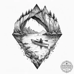 A kayaking trip through a narrow, serene sea... - эскиз тату (№1755705623_0, 20.08.2025 16:00) — tattoo-photo.ru