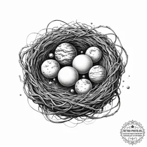 A bird's nest holding planets instead of eggs... - эскиз тату (№1755707663_0, 20.08.2025 16:34) — tattoo-photo.ru