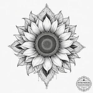 Sunflower, ink illustration for tattoo, ornam... - эскиз тату (№1755709313_0, 20.08.2025 17:01) — tattoo-photo.ru