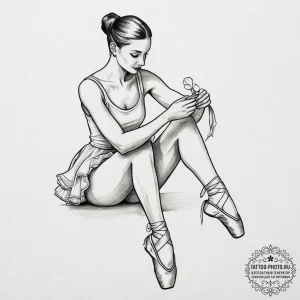 A ballerina tying the ribbons on her pointe s... - эскиз тату (№1755709934_0, 20.08.2025 17:12) — tattoo-photo.ru