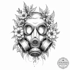 Gas mask with flowers growing through the fil... - эскиз тату (№1755719163_0, 20.08.2025 19:46) — tattoo-photo.ru