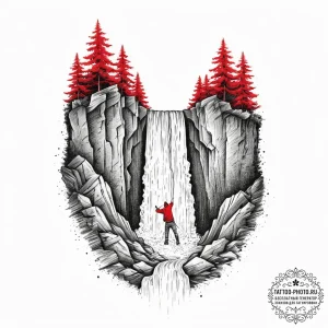 A person repelling down a waterfall., artisti... - эскиз тату (№1755721643_0, 20.08.2025 20:27) — tattoo-photo.ru