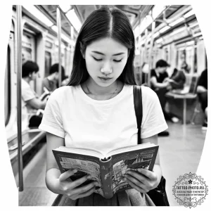 A young woman reading a book on a crowded tok... - эскиз тату (№1755722470_0, 20.08.2025 20:41) — tattoo-photo.ru