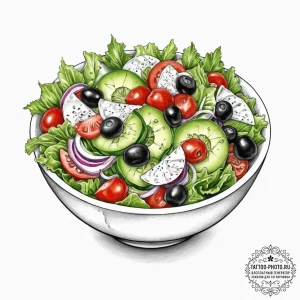 A fresh, colorful greek salad in a white bowl... - эскиз тату (№1755723518_0, 20.08.2025 20:58) — tattoo-photo.ru