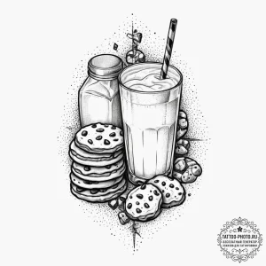 Tattoo design a 'cookie' on one, a 'glass of... - эскиз тату (№1755725773_0, 20.08.2025 21:36) — tattoo-photo.ru