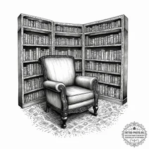 A quiet corner of a used bookstore, with over... - эскиз тату (№1755727613_0, 20.08.2025 22:06) — tattoo-photo.ru