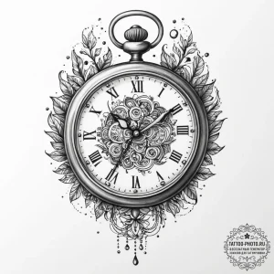 A melting pocket watch draped over a branch,... - эскиз тату (№1755742612_0, 21.08.2025 02:16) — tattoo-photo.ru