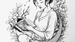 A young woman reading a book on a crowded tok... - эскиз тату (№1755744802_0, 21.08.2025 02:53) — tattoo-photo.ru