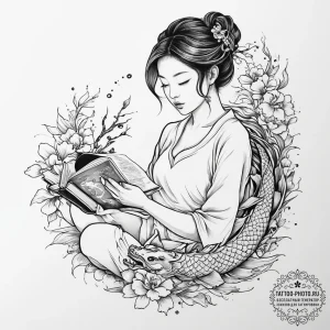 A young woman reading a book on a crowded tok... - эскиз тату (№1755744802_0, 21.08.2025 02:53) — tattoo-photo.ru
