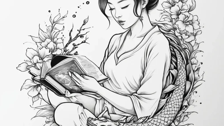 A young woman reading a book on a crowded tok... - эскиз тату (№1755744802_0, 21.08.2025 02:53) — tattoo-photo.ru
